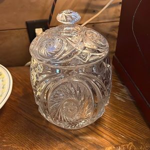 Vintage EAPG Aztec prescut clear Biscuit or Cracker Jar